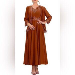 NWT Burnt Orange Plus Size Beaded Tea Length Formal Dress with 3/4 Sleeve Jacket